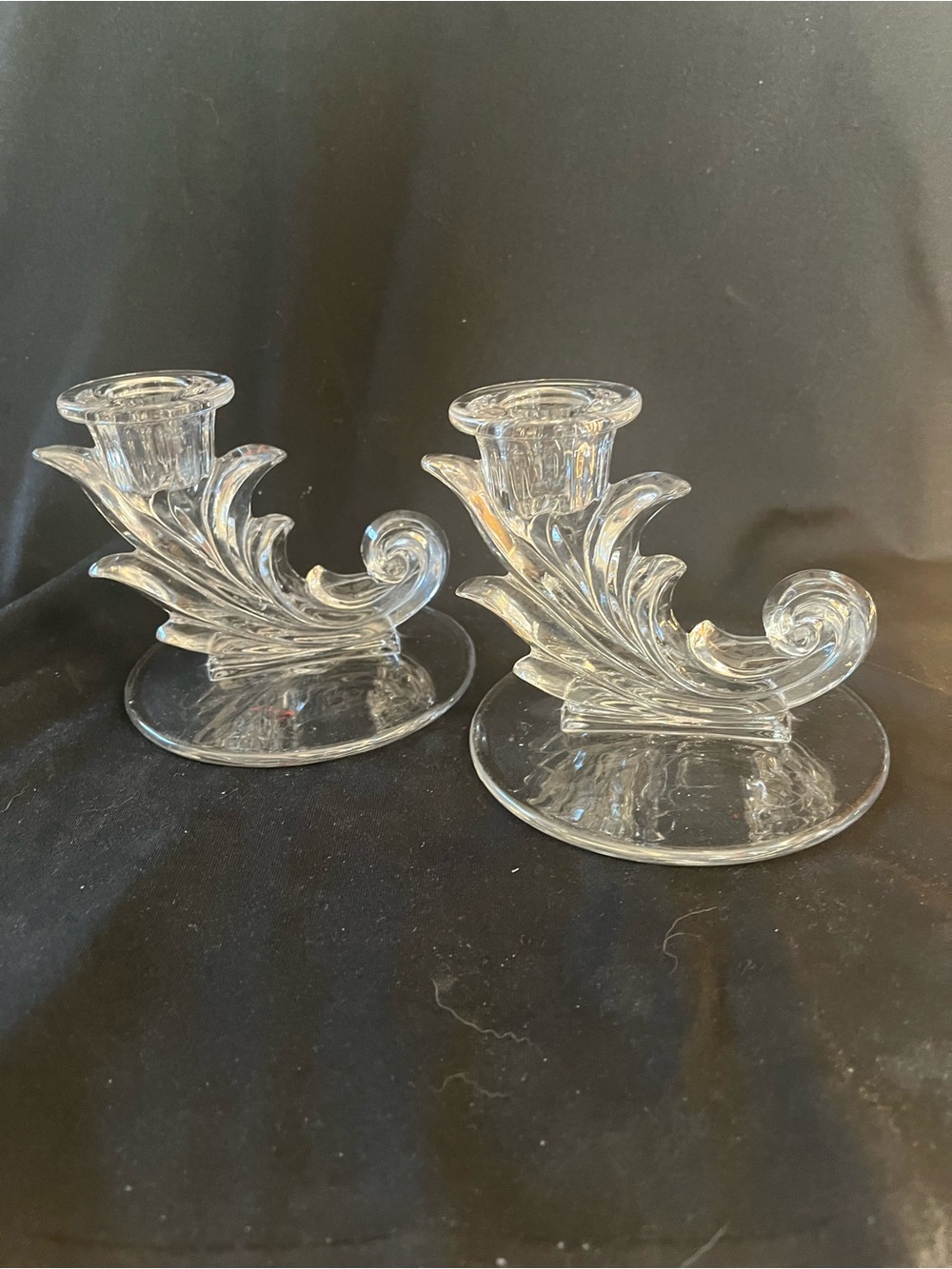 Clear Glass Scroll-Design Candle Holders (Pair) Fostoria Baroque